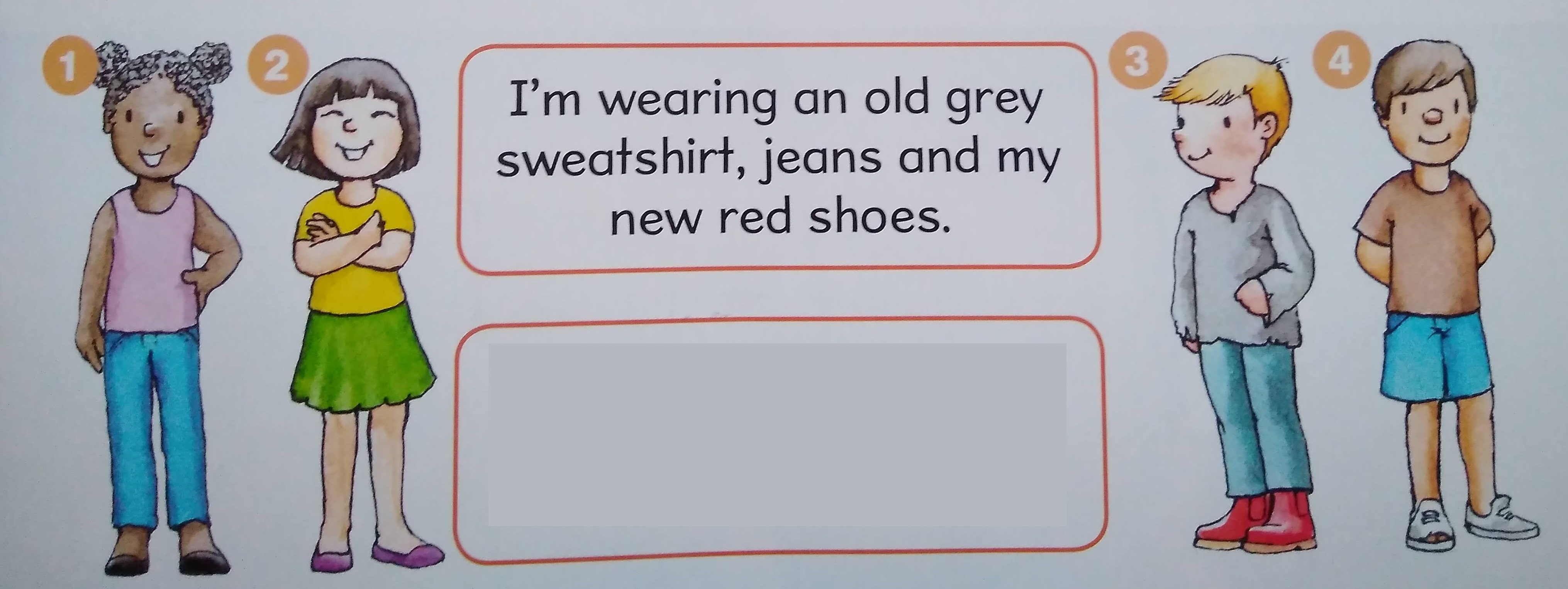 I'm wearing an old grey sweatshirt, jeans and my new red shoes.
