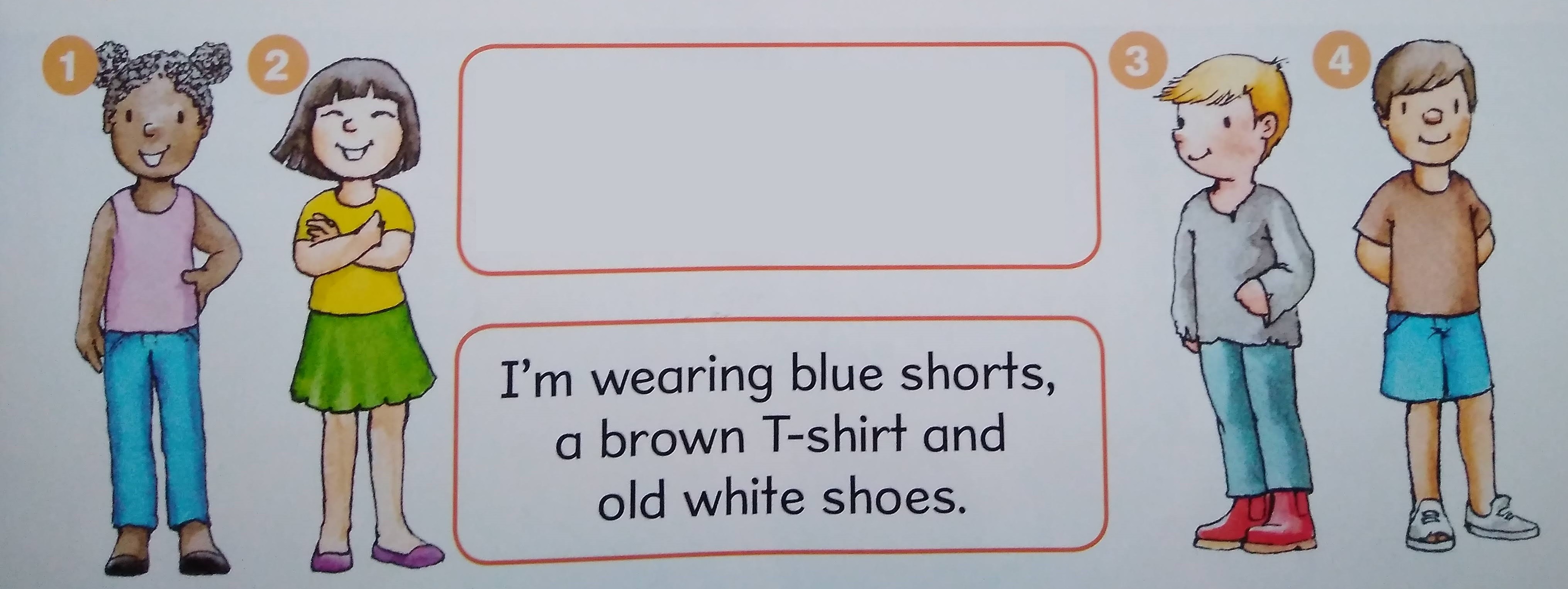 I'm wearing blue shorts, a brown T-shirt and old white shoes.